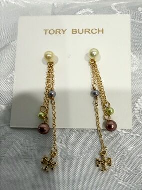 Tory Burch Gold Chain Drop Earrings with Multi-Colored Pearls. New